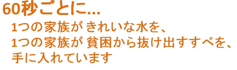 60秒ごとに1つの家族がきれいな水を、1つの家族が貧困から抜け出すすべを、手に入れています